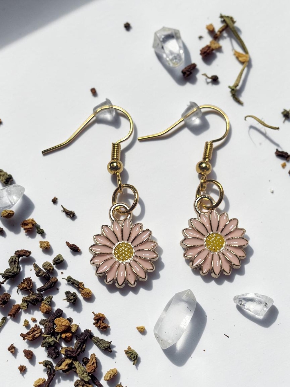 Gold Pink Daisy Drop Earrings - Unbranded